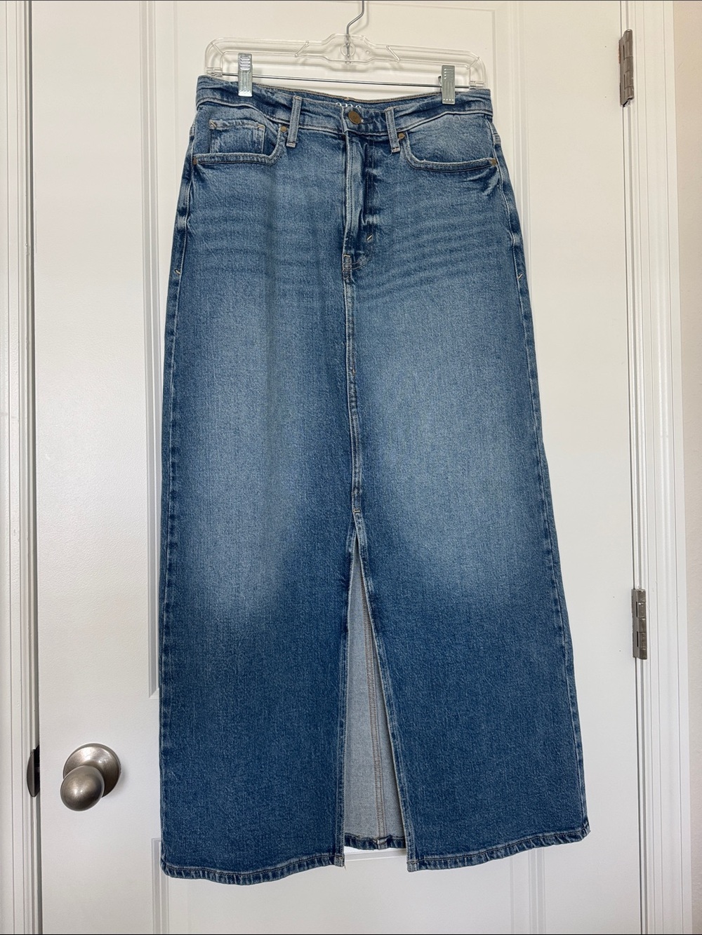 Classic Blue Denim Maxi Skirt with Front Slit